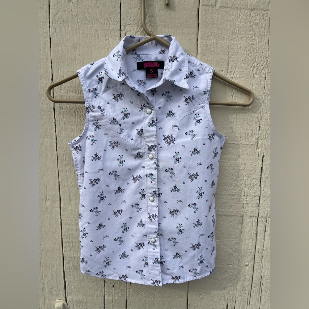 Rock & Roll Denim Floral Sleeveless Shirt